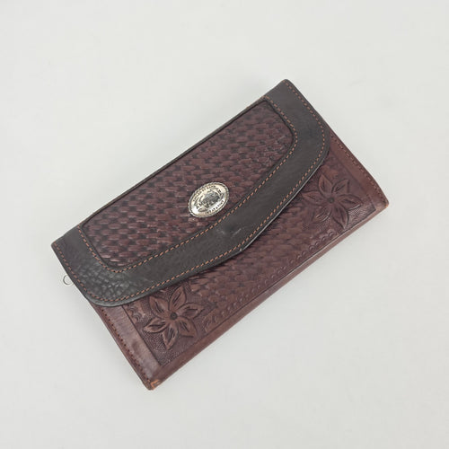 American West Brown Tooled Leather Western Floral Basketweave Wallet Clutch