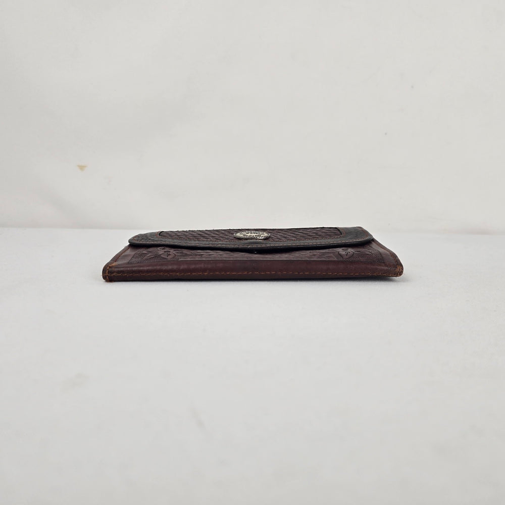 American West Brown Tooled Leather Western Floral Basketweave Wallet Clutch