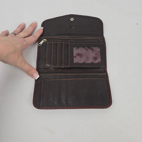 American West Brown Tooled Leather Western Floral Basketweave Wallet Clutch