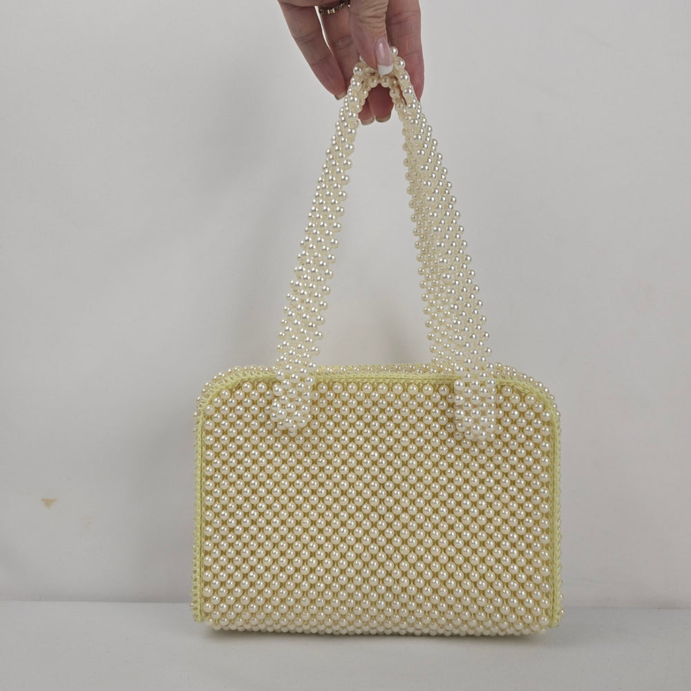 Vintage Ivory Faux Pearl Beaded Handbag Purse with Pearl Handles & Zip Closure