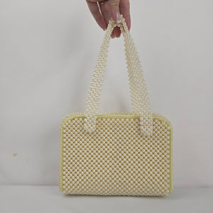 Vintage Ivory Faux Pearl Beaded Handbag Purse with Pearl Handles & Zip Closure