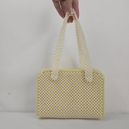 Vintage Ivory Faux Pearl Beaded Handbag Purse with Pearl Handles & Zip Closure