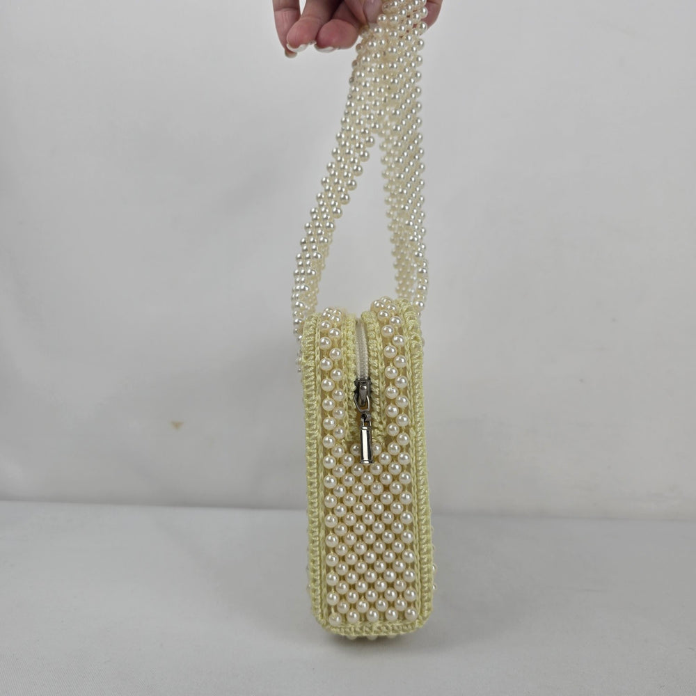 Vintage Ivory Faux Pearl Beaded Handbag Purse with Pearl Handles & Zip Closure