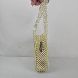 Vintage Ivory Faux Pearl Beaded Handbag Purse with Pearl Handles & Zip Closure