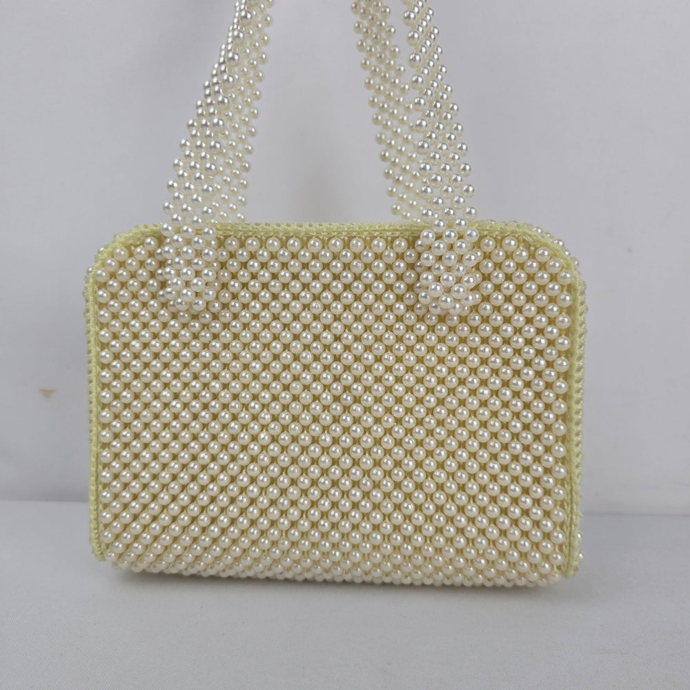 Vintage Ivory Faux Pearl Beaded Handbag Purse with Pearl Handles & Zip Closure