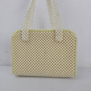 Vintage Ivory Faux Pearl Beaded Handbag Purse with Pearl Handles & Zip Closure