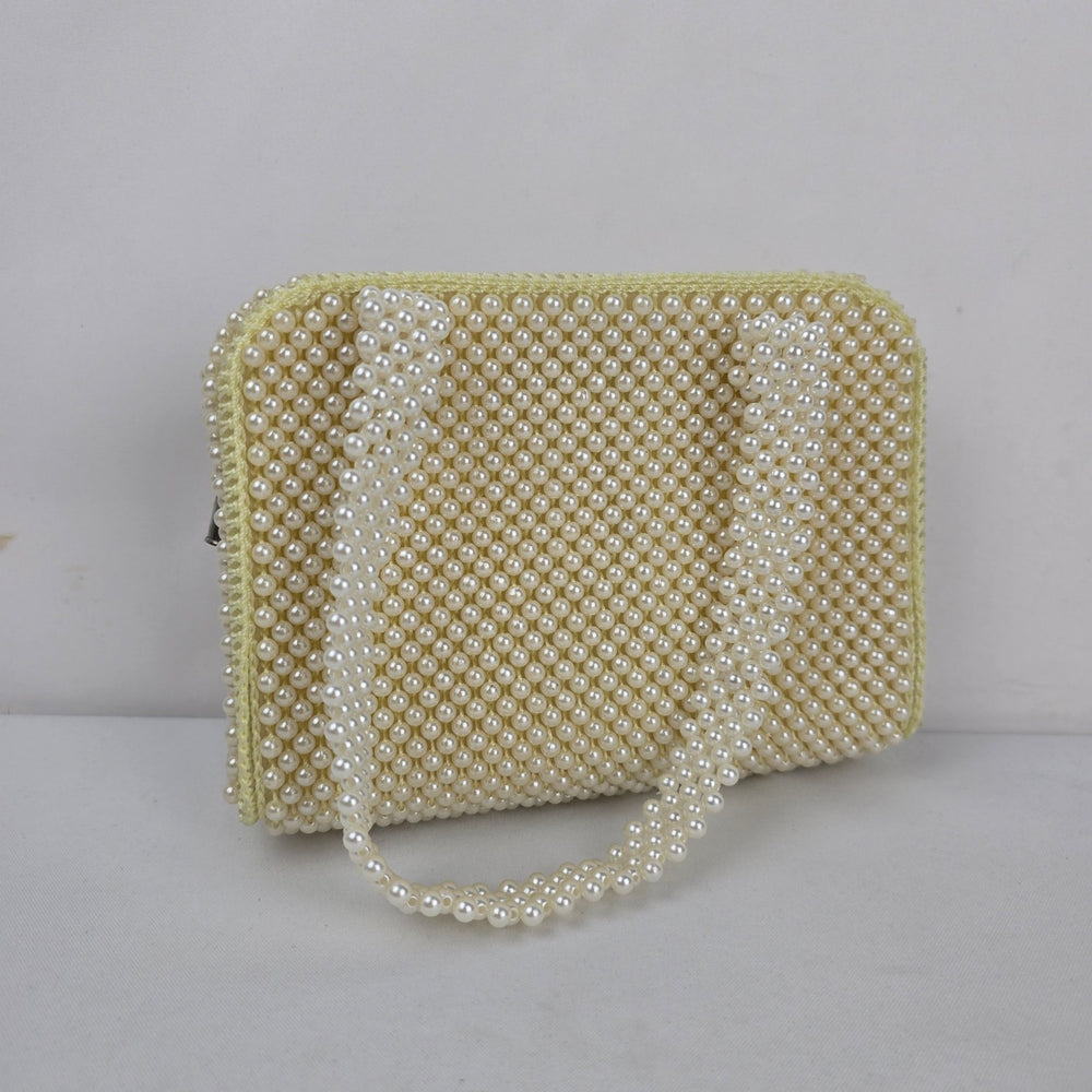Vintage Ivory Faux Pearl Beaded Handbag Purse with Pearl Handles & Zip Closure