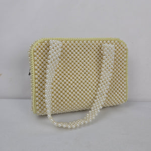 Vintage Ivory Faux Pearl Beaded Handbag Purse with Pearl Handles & Zip Closure