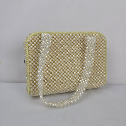Vintage Ivory Faux Pearl Beaded Handbag Purse with Pearl Handles & Zip Closure