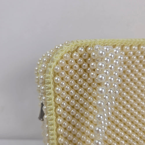Vintage Ivory Faux Pearl Beaded Handbag Purse with Pearl Handles & Zip Closure