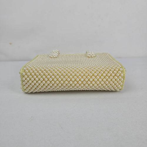 Vintage Ivory Faux Pearl Beaded Handbag Purse with Pearl Handles & Zip Closure