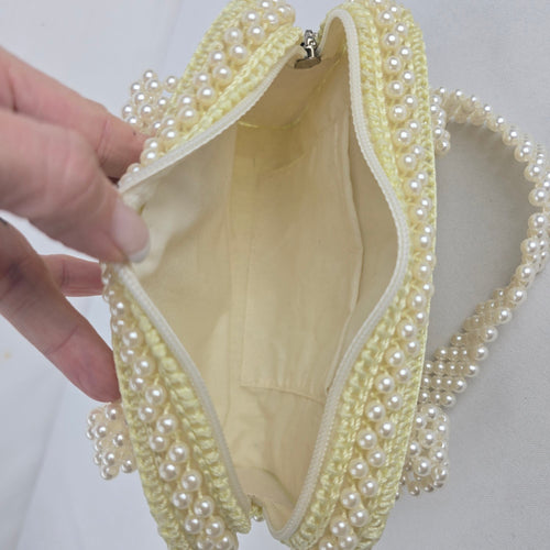Vintage Ivory Faux Pearl Beaded Handbag Purse with Pearl Handles & Zip Closure