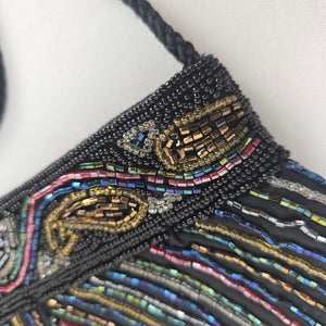 Vintage Sophistique Black Multicolor Beaded Crossbody Evening Bag with Braided Strap