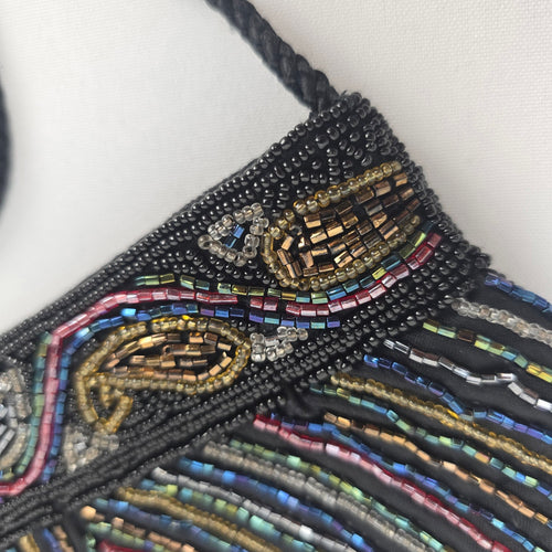 Vintage Sophistique Black Multicolor Beaded Crossbody Evening Bag with Braided Strap