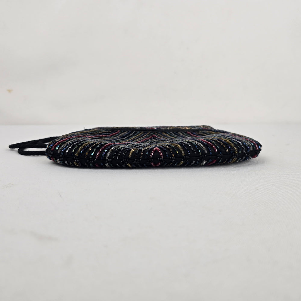 Vintage Sophistique Black Multicolor Beaded Crossbody Evening Bag with Braided Strap