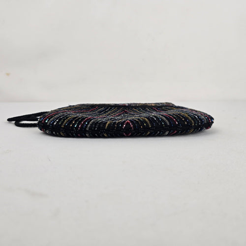 Vintage Sophistique Black Multicolor Beaded Crossbody Evening Bag with Braided Strap