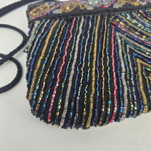 Vintage Sophistique Black Multicolor Beaded Crossbody Evening Bag with Braided Strap