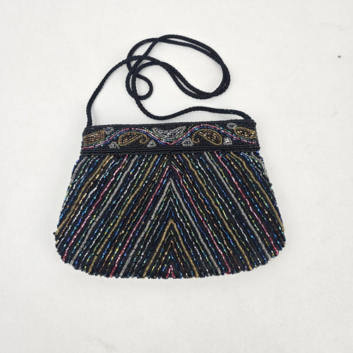 Vintage Sophistique Black Multicolor Beaded Crossbody Evening Bag with Braided Strap