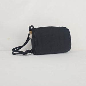 Vintage Black Satin Evening Bag Gold-Tone Kiss Lock Crossbody Purse with Tassel