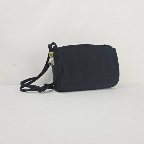 Vintage Black Satin Evening Bag Gold-Tone Kiss Lock Crossbody Purse with Tassel