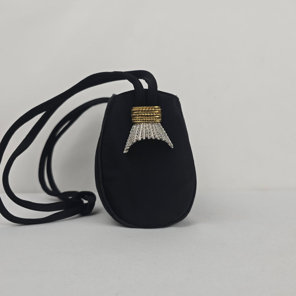 Vintage Black Satin Evening Bag Gold-Tone Kiss Lock Crossbody Purse with Tassel