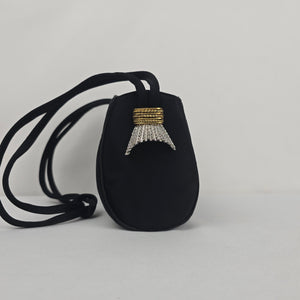 Vintage Black Satin Evening Bag Gold-Tone Kiss Lock Crossbody Purse with Tassel