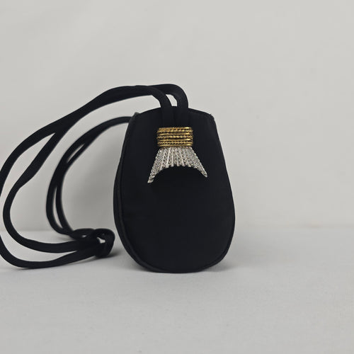 Vintage Black Satin Evening Bag Gold-Tone Kiss Lock Crossbody Purse with Tassel