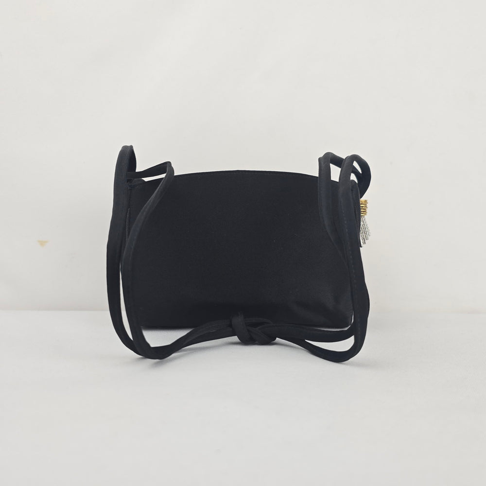 Vintage Black Satin Evening Bag Gold-Tone Kiss Lock Crossbody Purse with Tassel