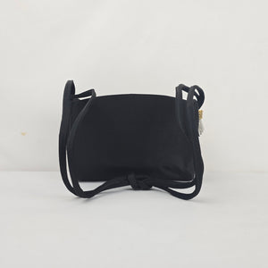 Vintage Black Satin Evening Bag Gold-Tone Kiss Lock Crossbody Purse with Tassel