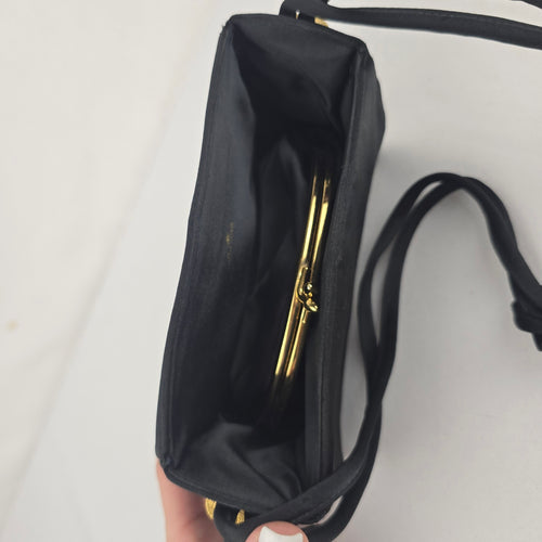 Vintage Black Satin Evening Bag Gold-Tone Kiss Lock Crossbody Purse with Tassel