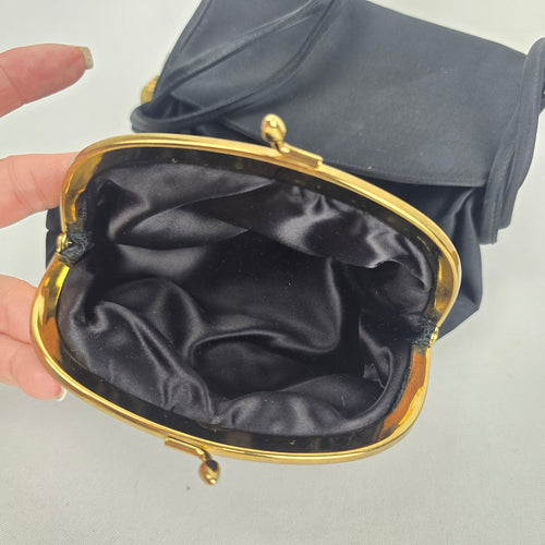 Vintage Black Satin Evening Bag Gold-Tone Kiss Lock Crossbody Purse with Tassel