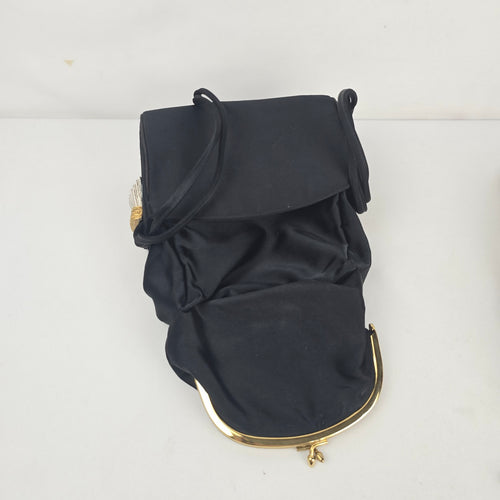 Vintage Black Satin Evening Bag Gold-Tone Kiss Lock Crossbody Purse with Tassel
