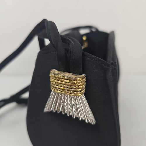 Vintage Black Satin Evening Bag Gold-Tone Kiss Lock Crossbody Purse with Tassel