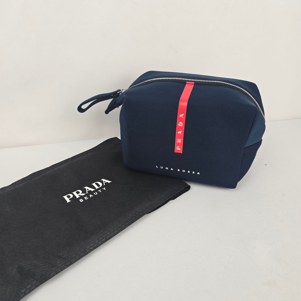 Prada Beauty Luna Rossa Navy Blue Cosmetic Travel Pouch Red Logo Zip Bag