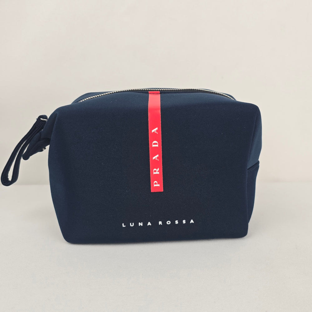 Prada Beauty Luna Rossa Navy Blue Cosmetic Travel Pouch Red Logo Zip Bag