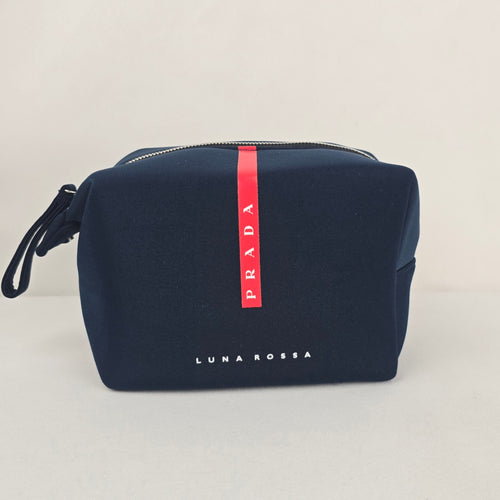Prada Beauty Luna Rossa Navy Blue Cosmetic Travel Pouch Red Logo Zip Bag