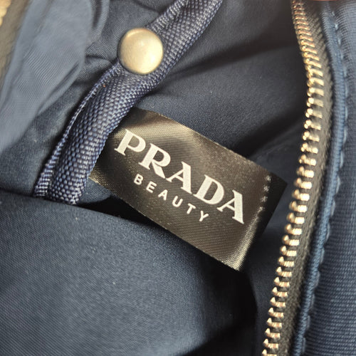 Prada Beauty Luna Rossa Navy Blue Cosmetic Travel Pouch Red Logo Zip Bag