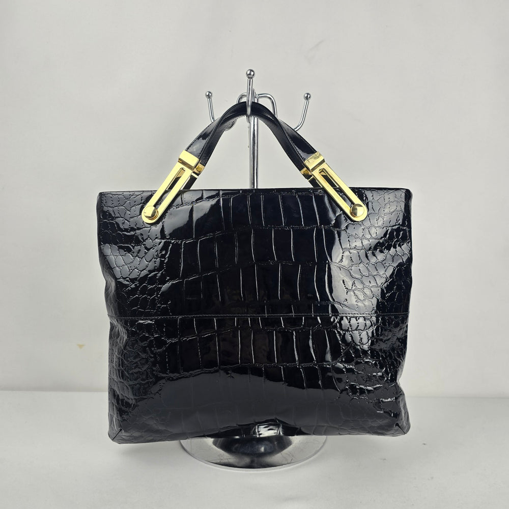 Vintage Due Fratelli Black Patent Croc Embossed Genuine Leather Handbag Gold Hardware