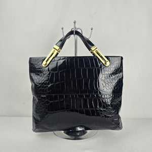 Vintage Due Fratelli Black Patent Croc Embossed Genuine Leather Handbag Gold Hardware