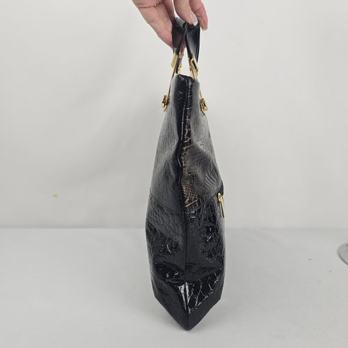 Vintage Due Fratelli Black Patent Croc Embossed Genuine Leather Handbag Gold Hardware