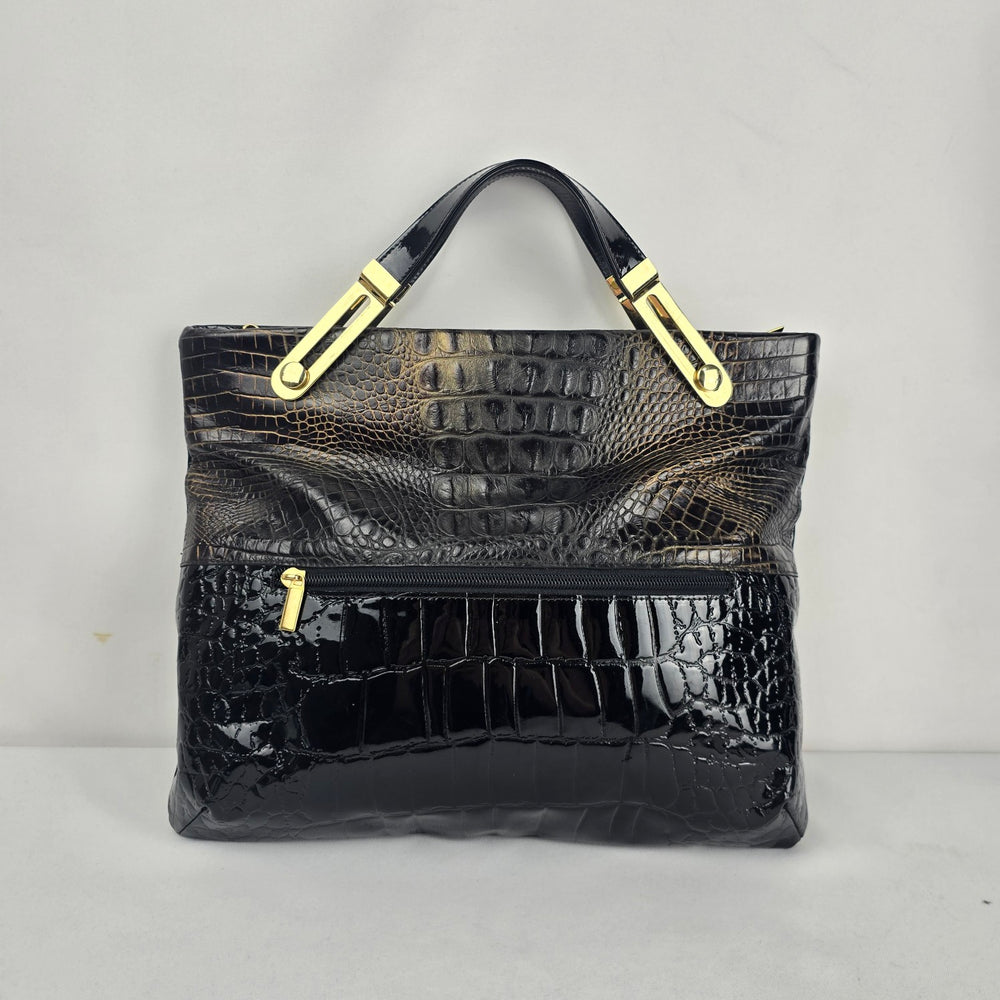 Vintage Due Fratelli Black Patent Croc Embossed Genuine Leather Handbag Gold Hardware