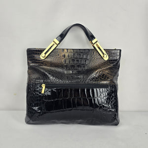 Vintage Due Fratelli Black Patent Croc Embossed Genuine Leather Handbag Gold Hardware