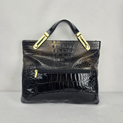 Vintage Due Fratelli Black Patent Croc Embossed Genuine Leather Handbag Gold Hardware