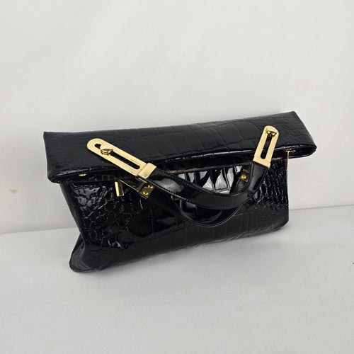Vintage Due Fratelli Black Patent Croc Embossed Genuine Leather Handbag Gold Hardware