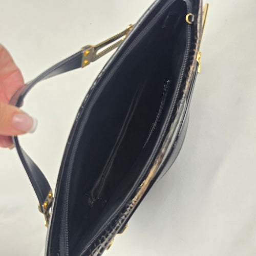 Vintage Due Fratelli Black Patent Croc Embossed Genuine Leather Handbag Gold Hardware