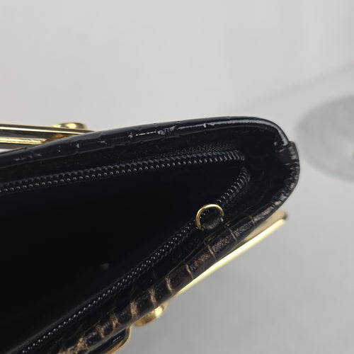 Vintage Due Fratelli Black Patent Croc Embossed Genuine Leather Handbag Gold Hardware