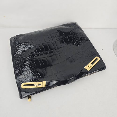 Vintage Due Fratelli Black Patent Croc Embossed Genuine Leather Handbag Gold Hardware