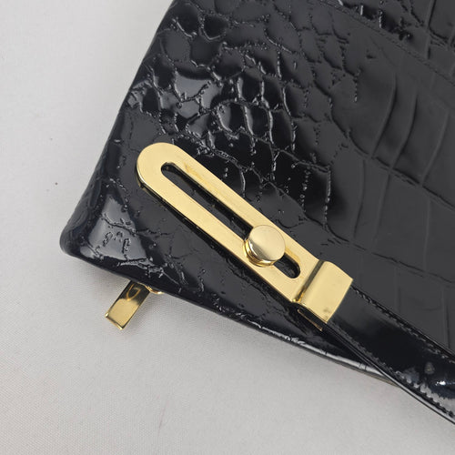 Vintage Due Fratelli Black Patent Croc Embossed Genuine Leather Handbag Gold Hardware