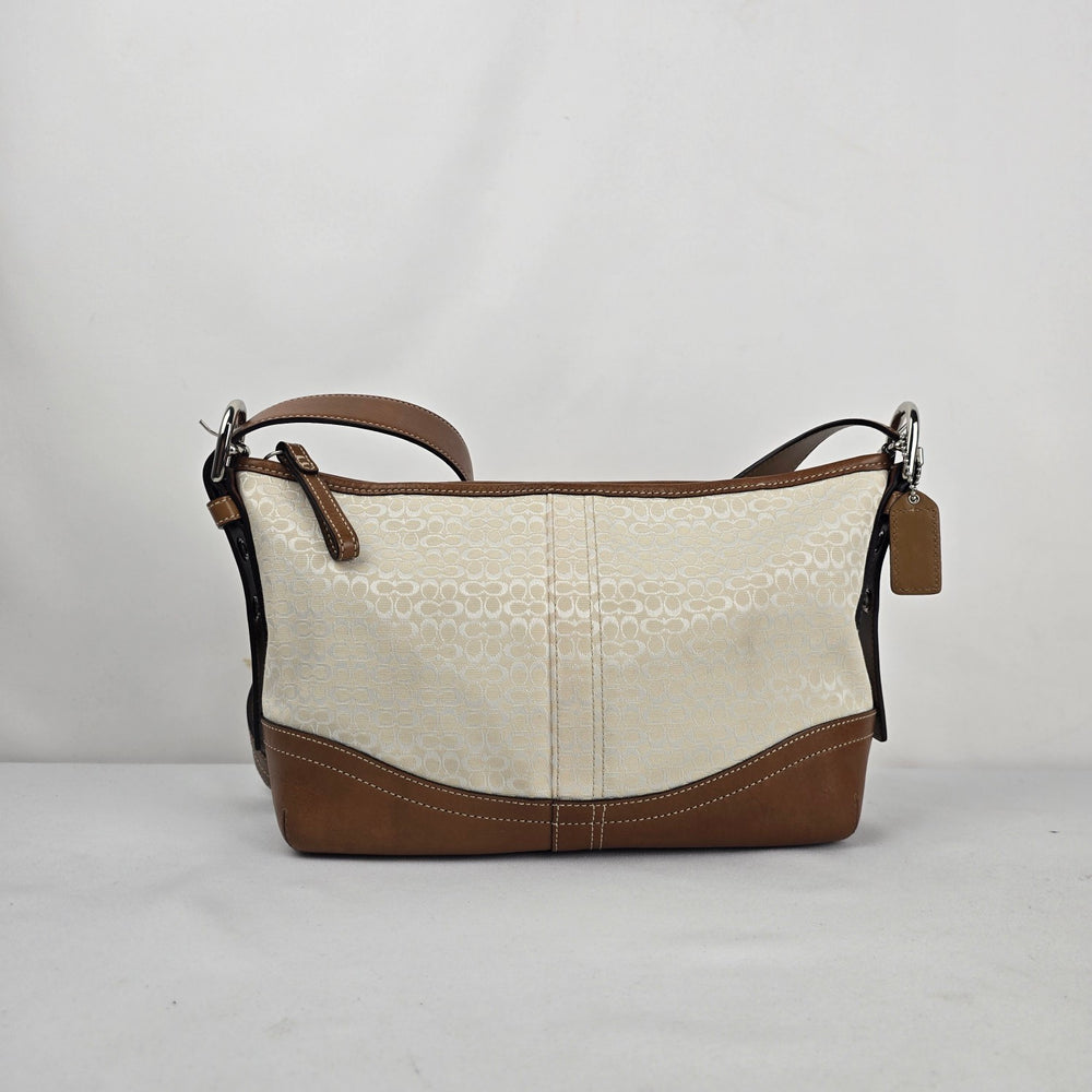 Coach F10945 Signature Jacquard Shoulder Bag Cream Tan Leather Trim