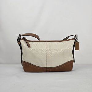 Coach F10945 Signature Jacquard Shoulder Bag Cream Tan Leather Trim
